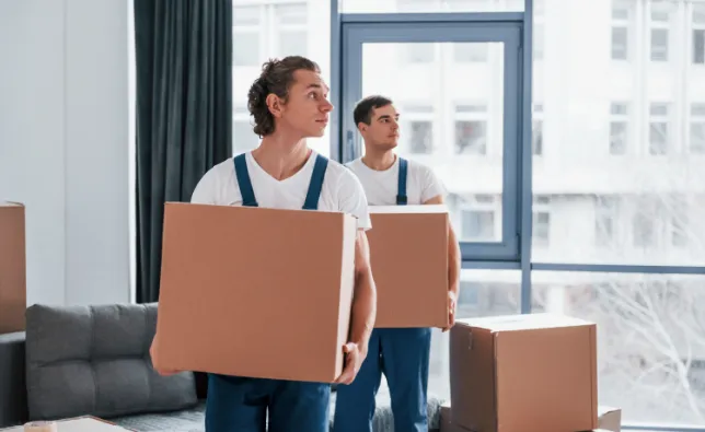 Two movers carrying boxes
