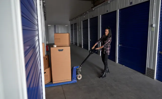 Woman moving a palette of boxes